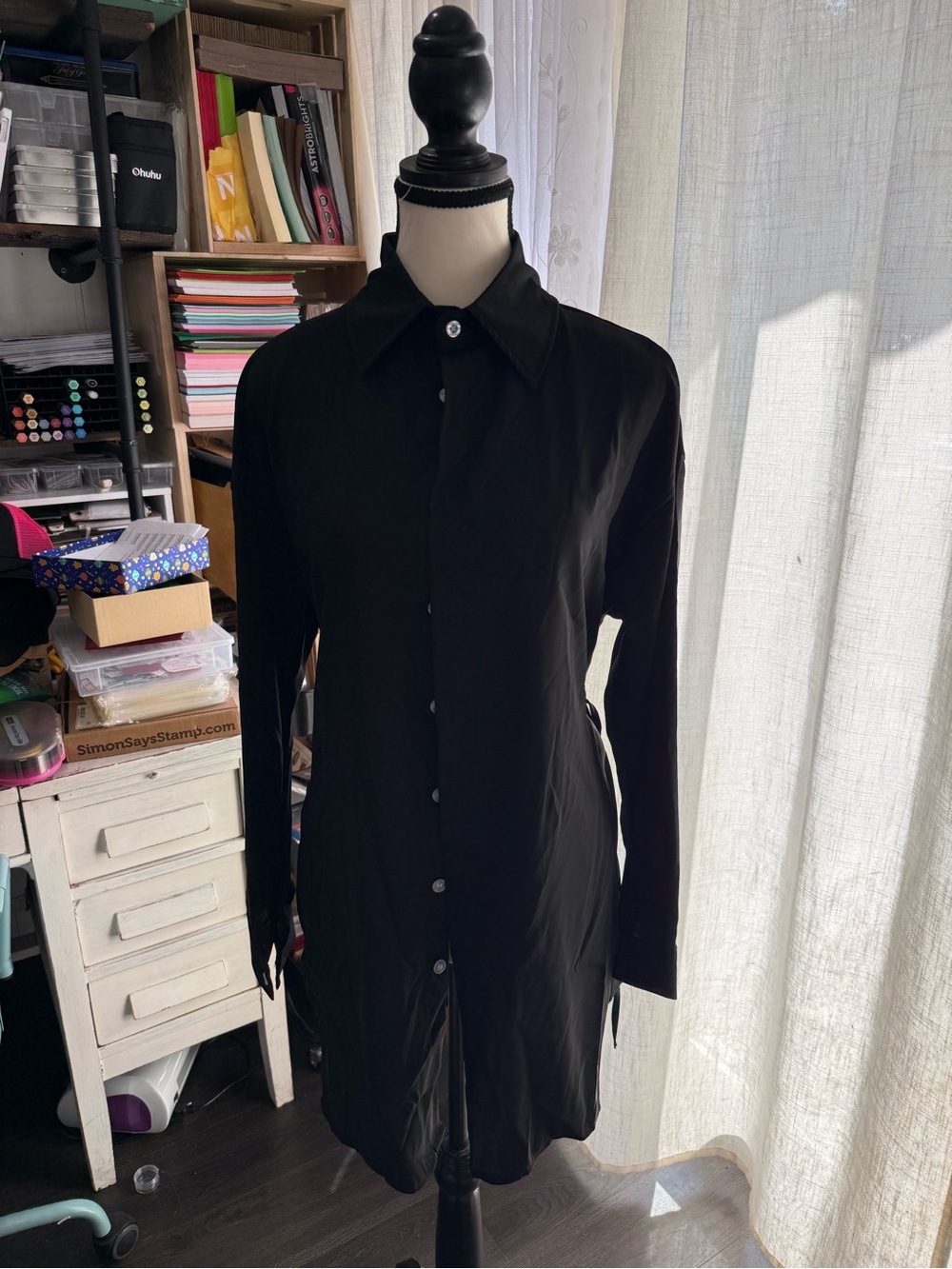 Classic Black Long-Sleeve Shirt Dress - Women